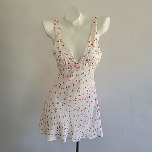 Zara Fit Flare Mini Dress Small Cherry Print Satin Empire Waist Coquette Retro